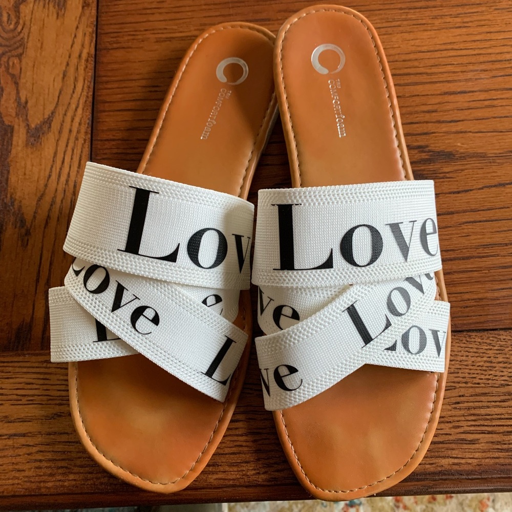 Ivante LOVE low heel slide, fabric straps, square-toe, comfort foam footbed